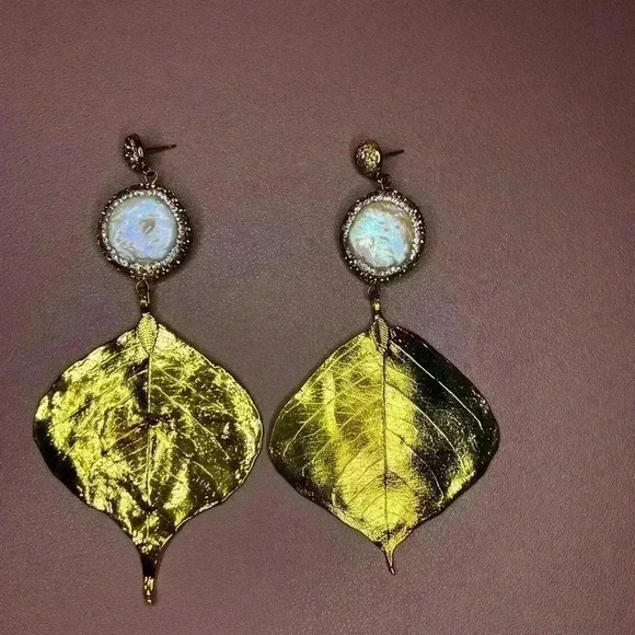 Golden Dipped Leaf Earrings Women Dangle Light Weight Pierced - Picture 3 of 8